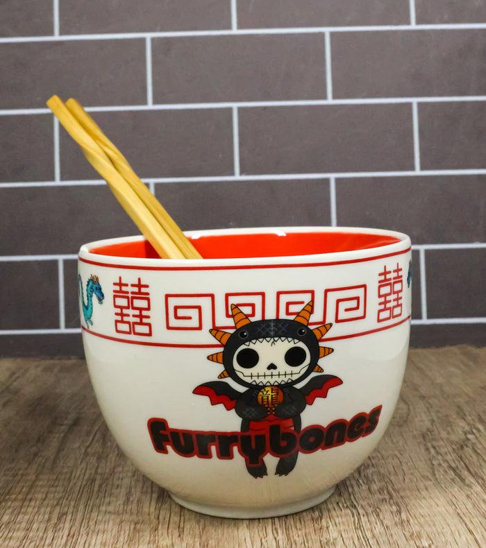 ebros gift Furrybones Scorchie Dragon Skeleton White Porcelain Bowl With Chopsticks Set