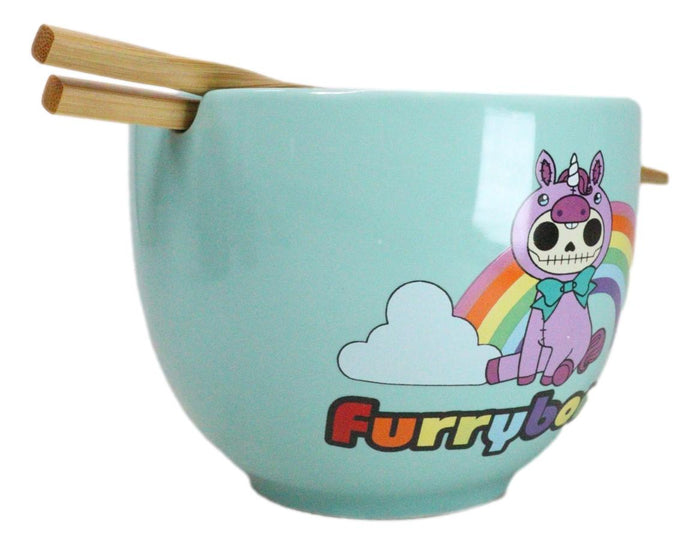Ebros Gift Furrybones Teal Blue Uni Rainbow Unicorn Porcelain Bowl With Chopsticks Set