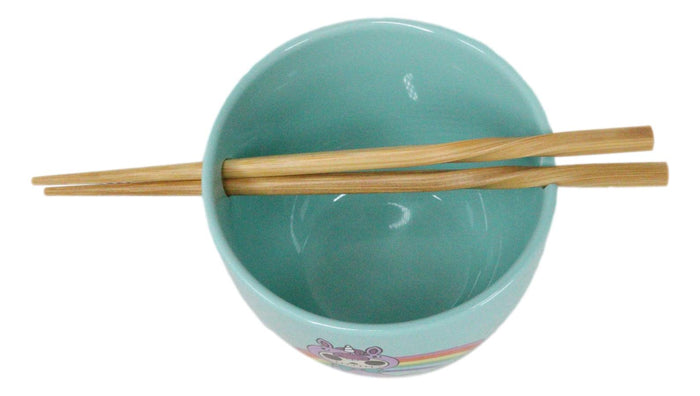 Ebros Gift Furrybones Teal Blue Uni Rainbow Unicorn Porcelain Bowl With Chopsticks Set