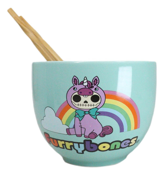 Ebros Gift Furrybones Teal Blue Uni Rainbow Unicorn Porcelain Bowl With Chopsticks Set