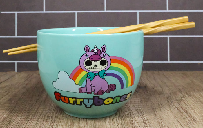 ebros gift Furrybones Teal Blue Uni Rainbow Unicorn Porcelain Bowl With Chopsticks Set