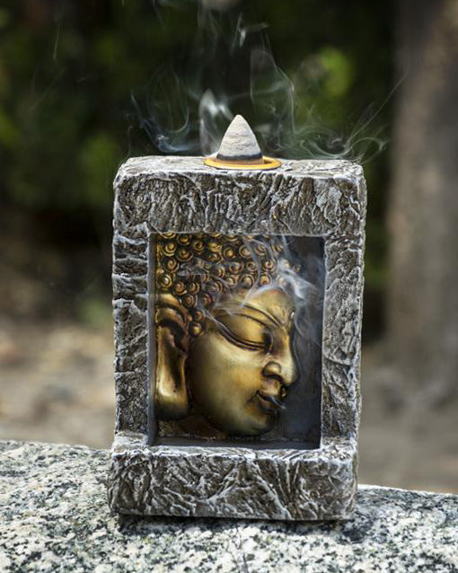 ebros gift Gautama Buddha Face Faux Stone Mini Relief Bracket Backflow Incense Cone Burner