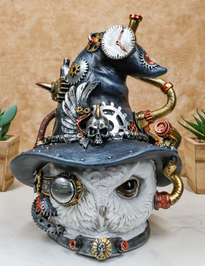 ebros gift Geared Clockwork Pipes Valves Steampunk Owl With Winged Skull Witch Hat Figurine