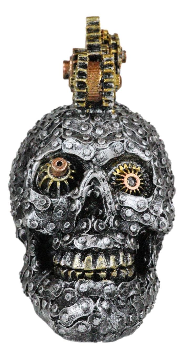 Ebros Gift Geared Mohawk Steampunk Cyborg Robot Biker Skull With Motorcycle Chains Figurine
