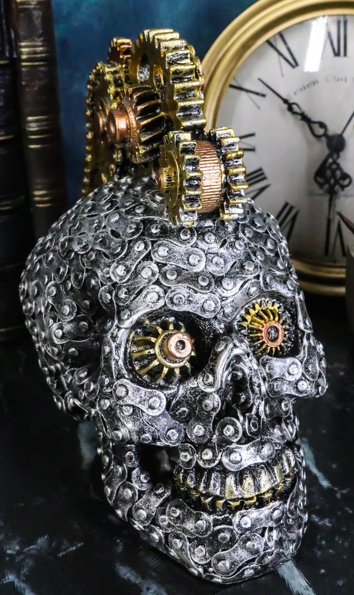 ebros gift Geared Mohawk Steampunk Cyborg Robot Biker Skull With Motorcycle Chains Figurine