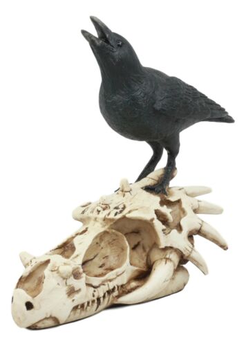 Ebros Gift Ghost Scavenger Bird Raven Crow Resting On Dragon Skull Fossil Figurine