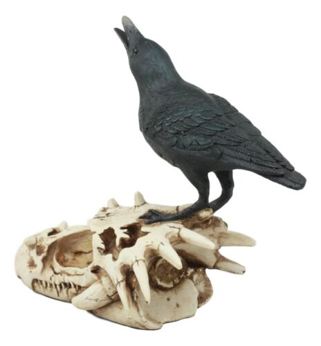 Ebros Gift Ghost Scavenger Bird Raven Crow Resting On Dragon Skull Fossil Figurine