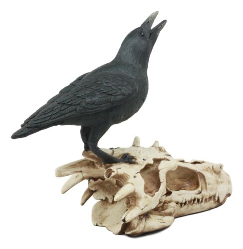 Ebros Gift Ghost Scavenger Bird Raven Crow Resting On Dragon Skull Fossil Figurine