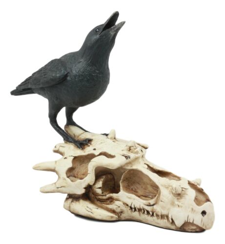 ebros gift Ghost Scavenger Bird Raven Crow Resting On Dragon Skull Fossil Figurine