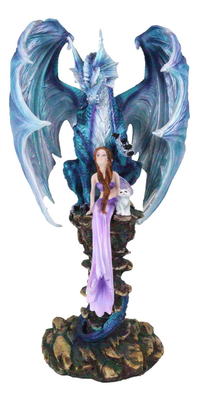 Ebros Gift Giant Leviathan Blue Dragon Protecting A Young Princess Fairy With Kitten Statue
