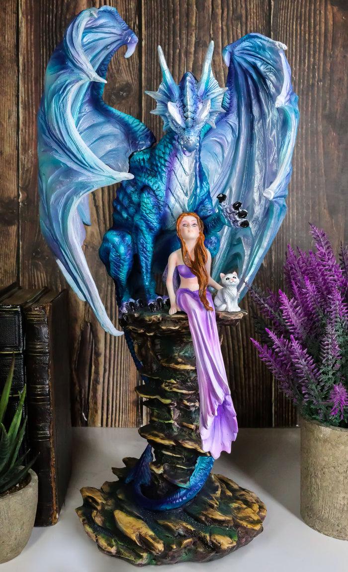 ebros gift Giant Leviathan Blue Dragon Protecting A Young Princess Fairy With Kitten Statue