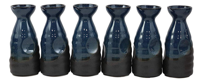 Ebros Gift Glazed Ceramic Blue And Black Japanese Wine Sake Tokkuri Flask Pack Of 6 Flasks