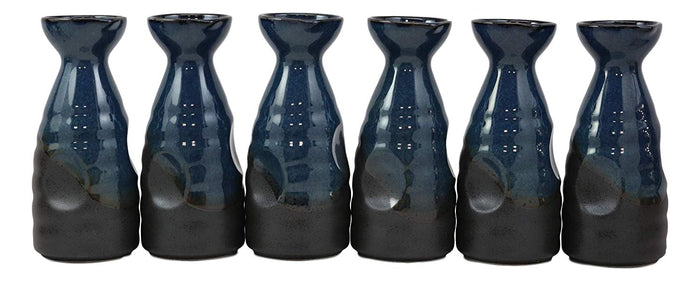 Ebros Gift Glazed Ceramic Blue And Black Japanese Wine Sake Tokkuri Flask Pack Of 6 Flasks