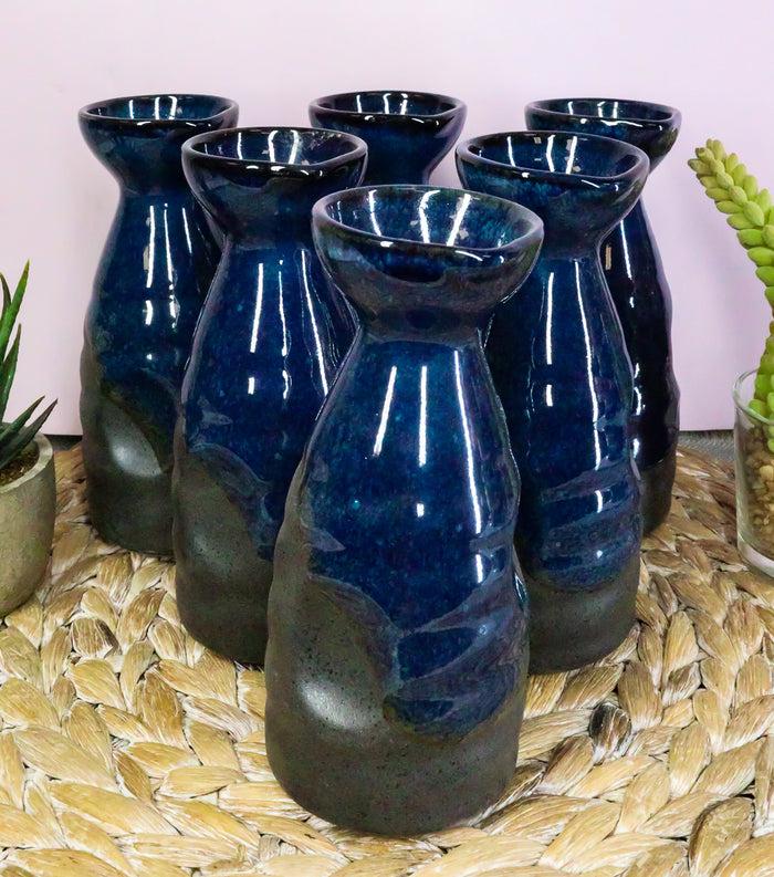 ebros gift Glazed Ceramic Blue And Black Japanese Wine Sake Tokkuri Flask Pack of 6 Flasks