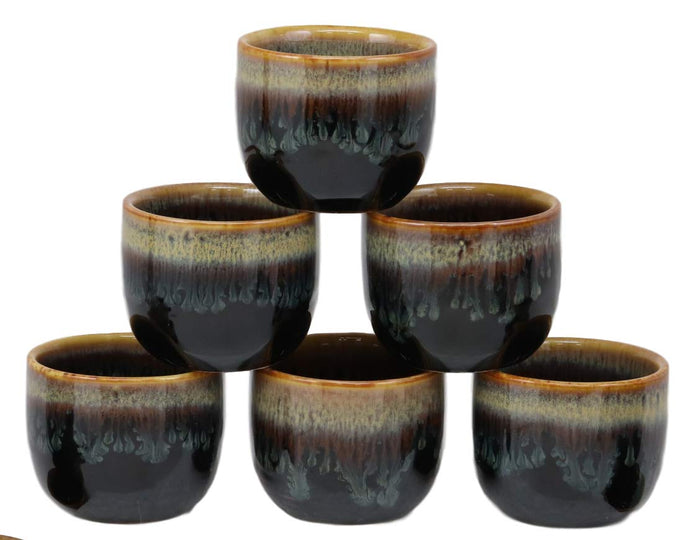ebros gift Glazed Ceramic Brown And White Japanese Wine Ochoko Sake Cup Pack of 6 Cups