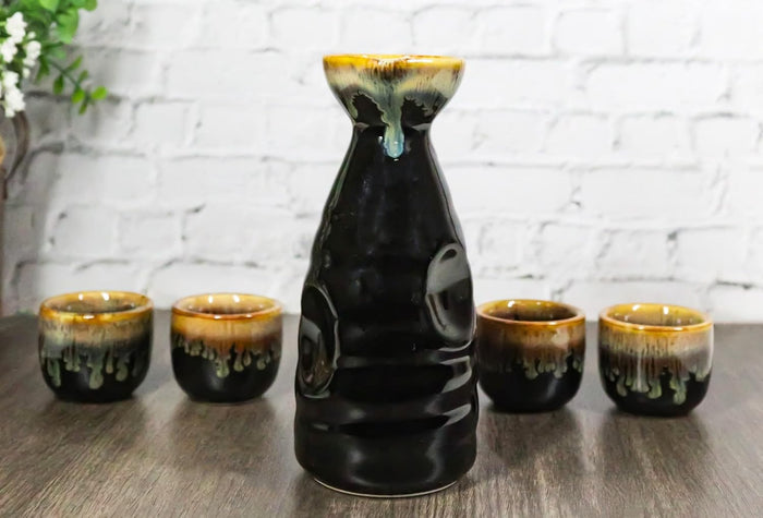ebros gift Glazed Ceramic Brown White Waterfall Japanese Sake Tokkuri Flask And 4 Cups Set