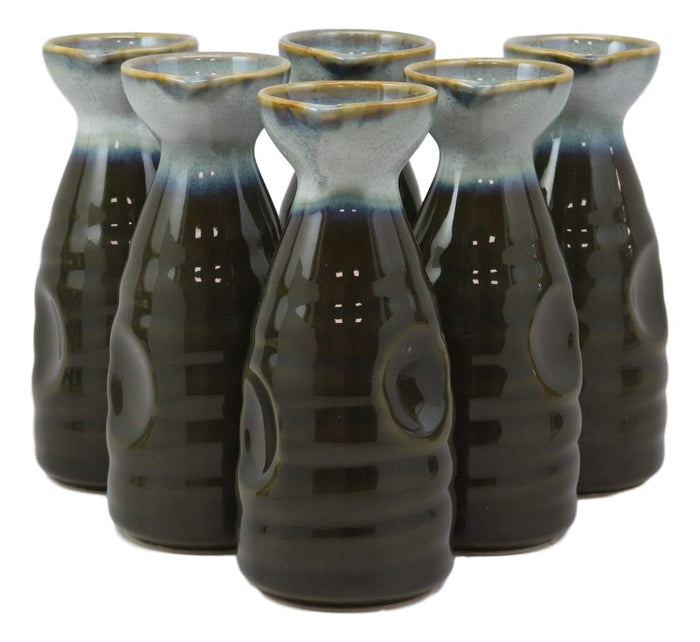 ebros gift Glazed Ceramic Green And White Japanese Wine Sake Tokkuri Flask Pack of 6 Flasks