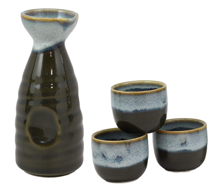 ebros gift Glazed Ceramic Pottery Heaven Earth Japanese Sake Tokkuri Flask And 3 Cups Set