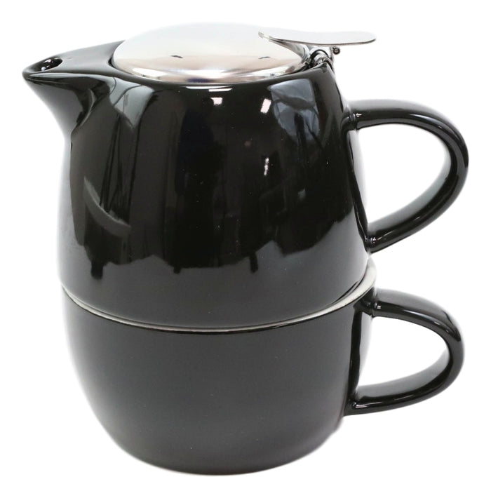 Ebros Gift Glossy Black Contemporary Ceramic Stackable Teapot Set Single Tea Pot With Mug