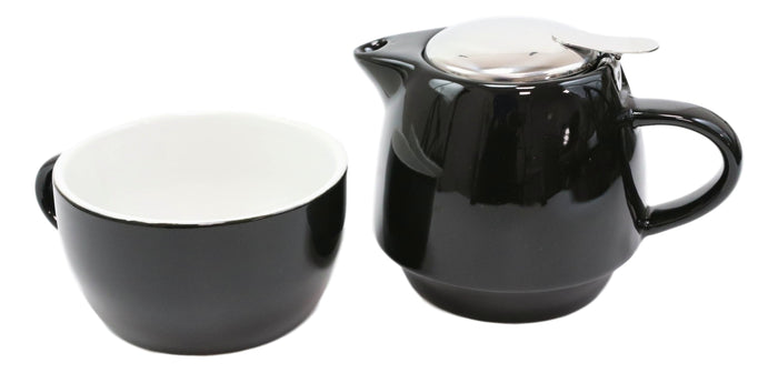 Ebros Gift Glossy Black Contemporary Ceramic Stackable Teapot Set Single Tea Pot With Mug