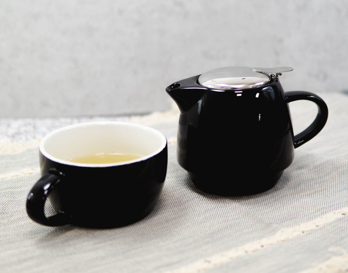 ebros gift Glossy Black Contemporary Ceramic Stackable Teapot Set Single Tea Pot With Mug