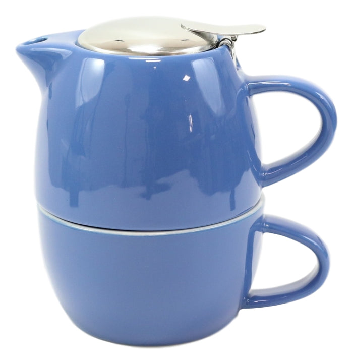 Ebros Gift Glossy Blue Contemporary Ceramic Stackable Teapot Set Single Tea Pot With Mug