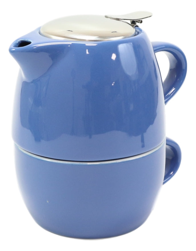 Ebros Gift Glossy Blue Contemporary Ceramic Stackable Teapot Set Single Tea Pot With Mug