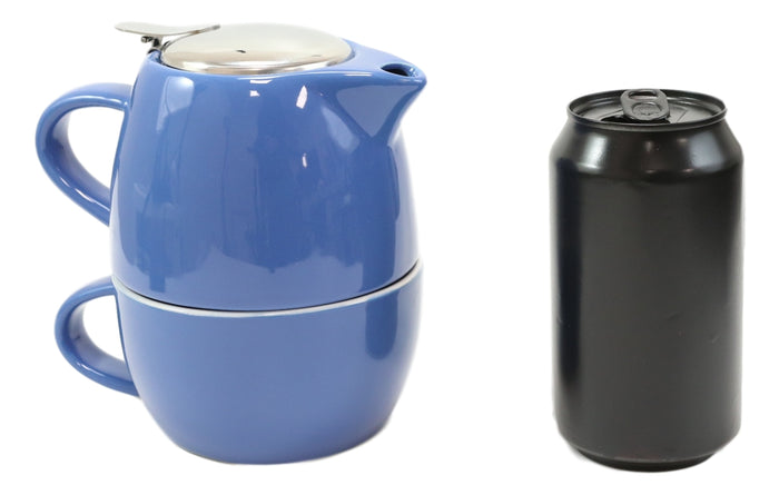 Ebros Gift Glossy Blue Contemporary Ceramic Stackable Teapot Set Single Tea Pot With Mug
