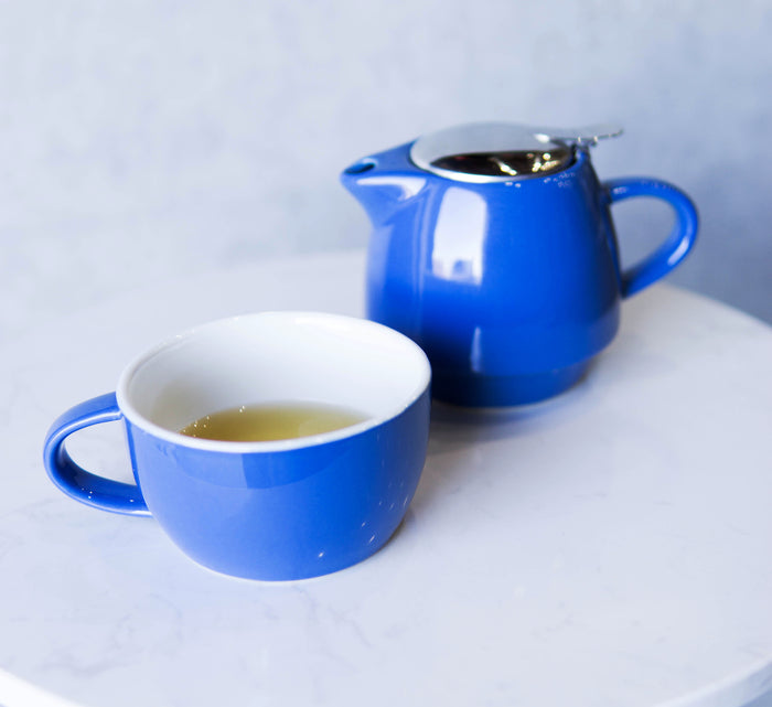 ebros gift Glossy Blue Contemporary Ceramic Stackable Teapot Set Single Tea Pot With Mug