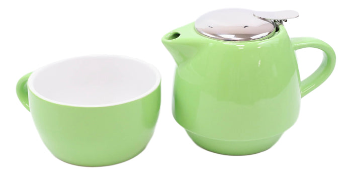 Ebros Gift Glossy Green Contemporary Ceramic Stackable Teapot Set Single Tea Pot With Mug