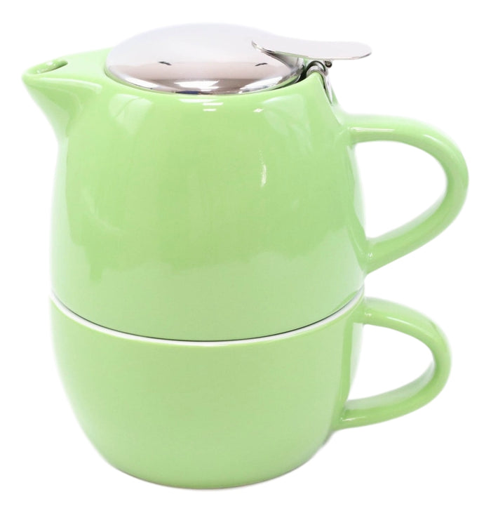 Ebros Gift Glossy Green Contemporary Ceramic Stackable Teapot Set Single Tea Pot With Mug