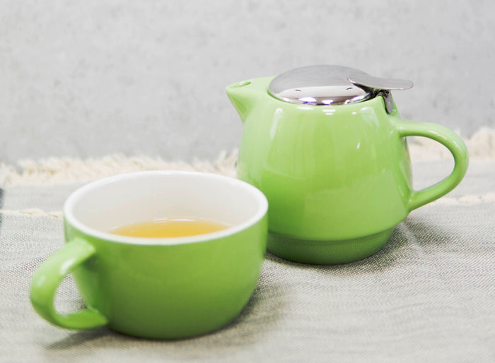 ebros gift Glossy Green Contemporary Ceramic Stackable Teapot Set Single Tea Pot With Mug