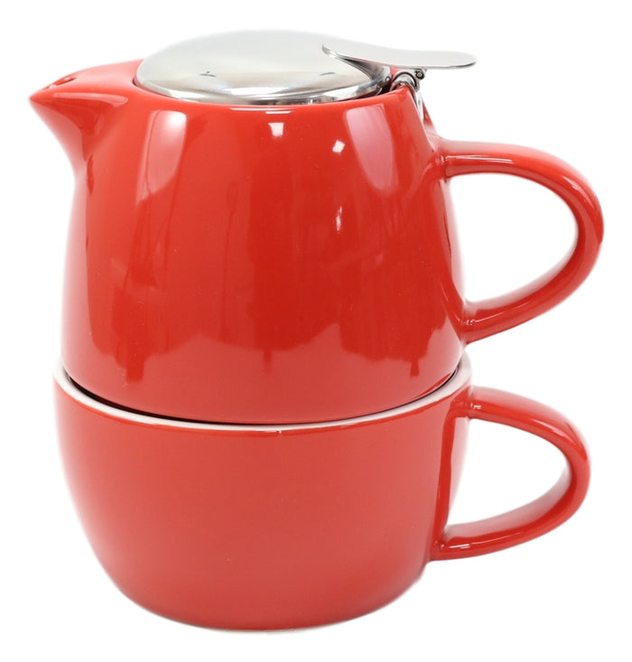 Ebros Gift Glossy Red Contemporary Ceramic Stackable Teapot Set Single Tea Pot With Mug