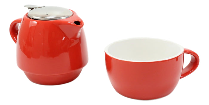 Ebros Gift Glossy Red Contemporary Ceramic Stackable Teapot Set Single Tea Pot With Mug