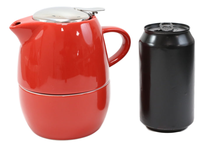 Ebros Gift Glossy Red Contemporary Ceramic Stackable Teapot Set Single Tea Pot With Mug
