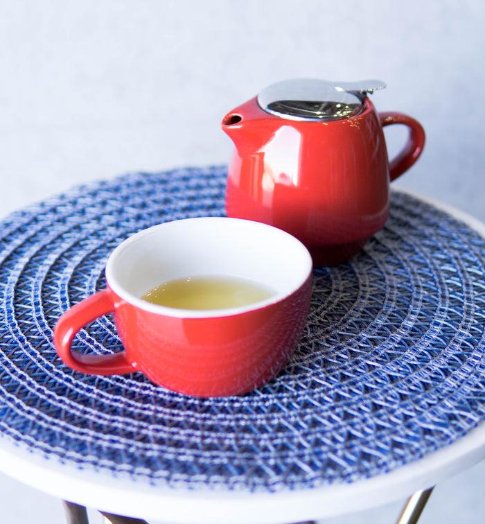 ebros gift Glossy Red Contemporary Ceramic Stackable Teapot Set Single Tea Pot With Mug