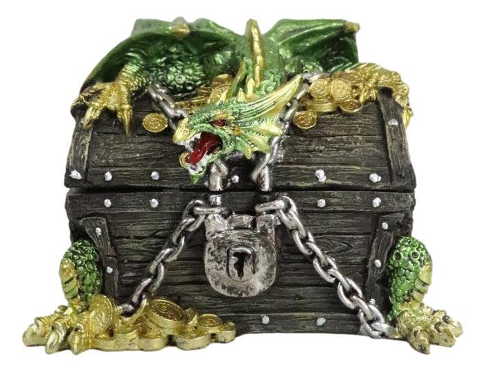 Ebros Gift Gold Green Treasure Dragon Guarding Pirate Chest Decorative Jewelry Trinket Box