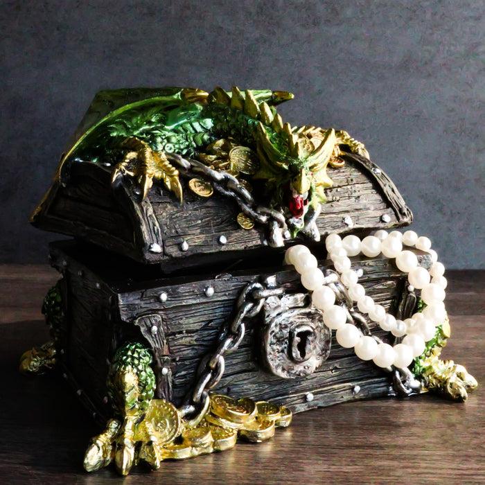 ebros gift Gold Green Treasure Dragon Guarding Pirate Chest Decorative Jewelry Trinket Box