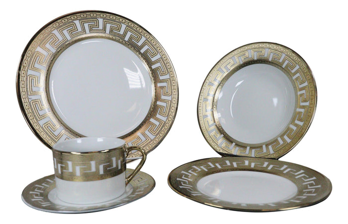 Ebros Gift Gold Plated Baroque Barocco Golden Greek Key Border 40 Pcs Luxury Dinnerware Set