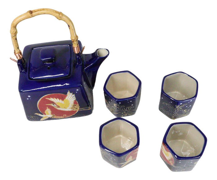 Ebros Gift Golden Crane With Red Moon Blue Ceramic Hexagonal Teapot With 4 Tea Cups Set