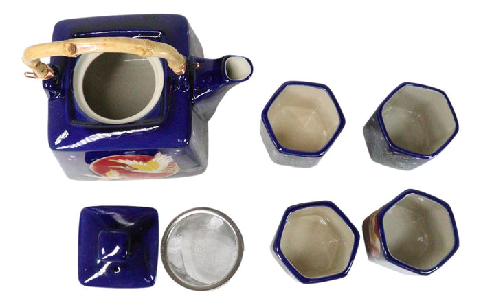 Ebros Gift Golden Crane With Red Moon Blue Ceramic Hexagonal Teapot With 4 Tea Cups Set