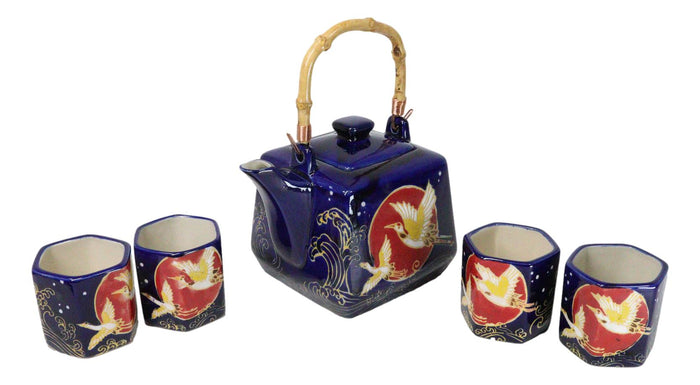 Ebros Gift Golden Crane With Red Moon Blue Ceramic Hexagonal Teapot With 4 Tea Cups Set