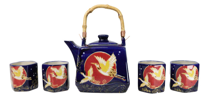 ebros gift Golden Crane With Red Moon Blue Ceramic Hexagonal Teapot With 4 Tea Cups Set