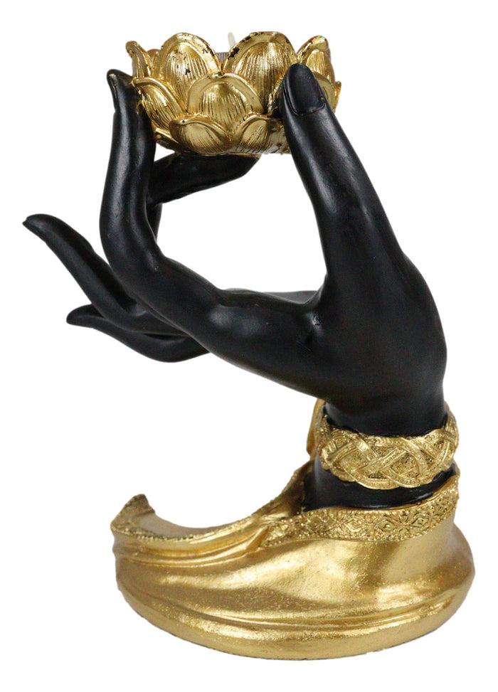 Ebros Gift Golden Fire Buddha Meditating By Black Mudra Hand Lotus Votive Candle Holder