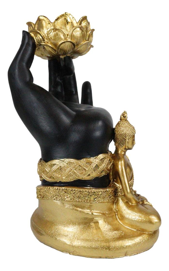 Ebros Gift Golden Fire Buddha Meditating By Black Mudra Hand Lotus Votive Candle Holder