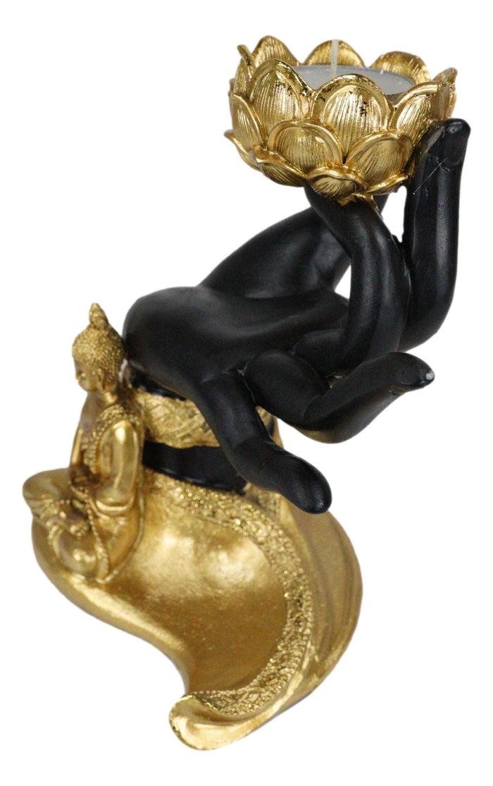 Ebros Gift Golden Fire Buddha Meditating By Black Mudra Hand Lotus Votive Candle Holder
