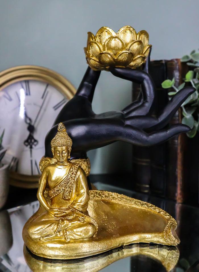 ebros gift Golden Fire Buddha Meditating By Black Mudra Hand Lotus Votive Candle Holder