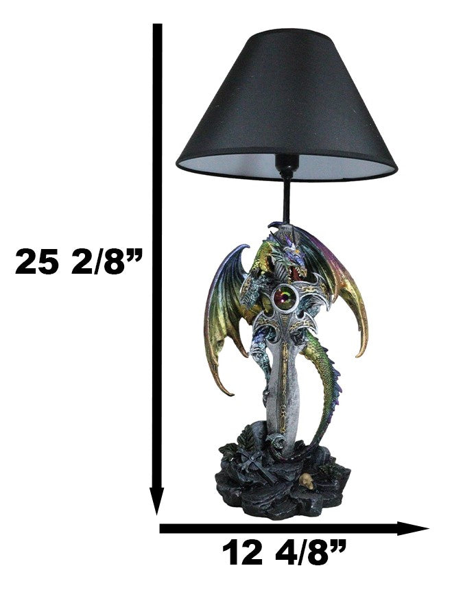 Ebros Gift Golden Green Dragon Holding Excalibur Sword With Crystal At Graveyard Table Lamp