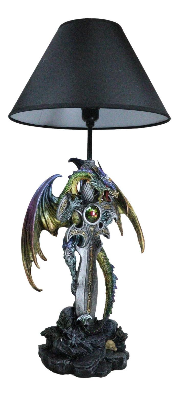 Ebros Gift Golden Green Dragon Holding Excalibur Sword With Crystal At Graveyard Table Lamp