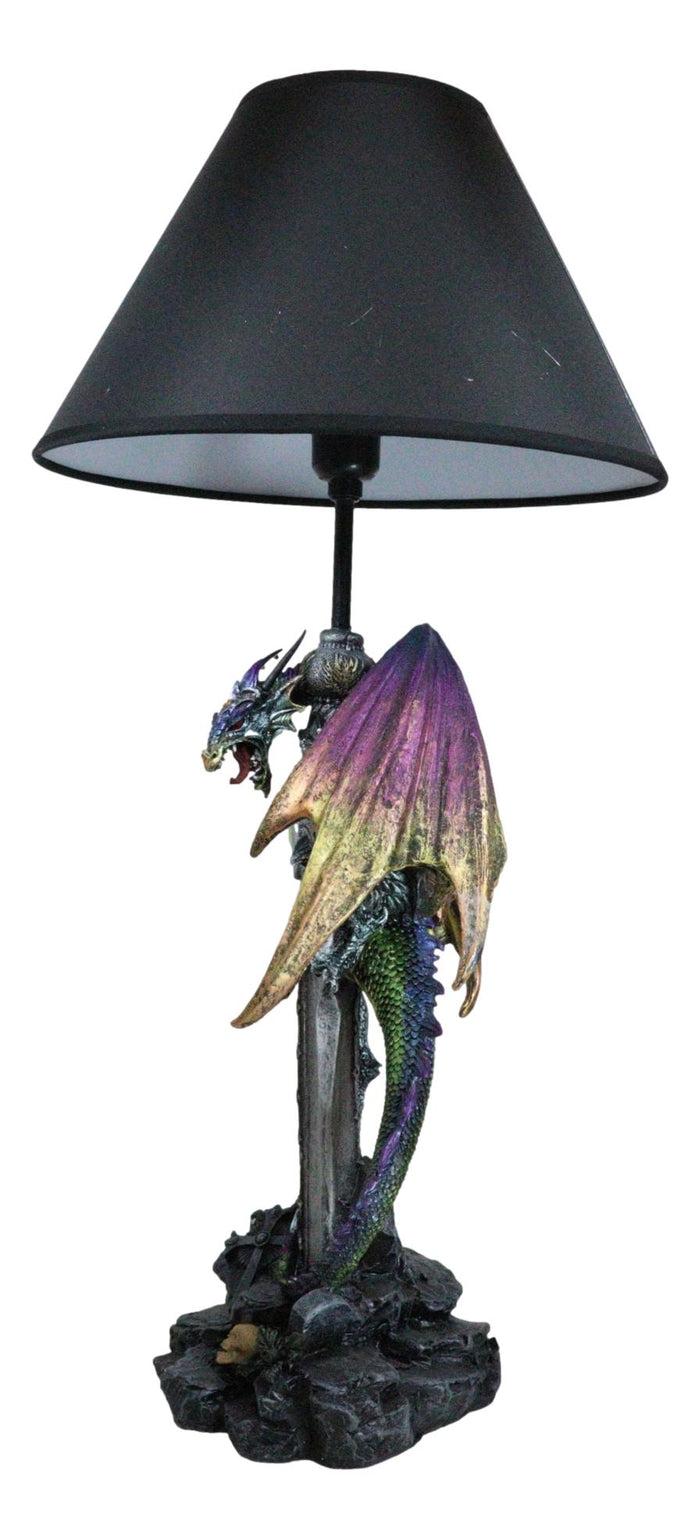 Ebros Gift Golden Green Dragon Holding Excalibur Sword With Crystal At Graveyard Table Lamp